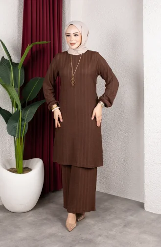 طقم تونيك وبنطال مخطط (للحجاب) 0915-01 بني 0915-01