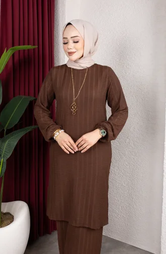 طقم تونيك وبنطال مخطط (للحجاب) 0915-01 بني 0915-01