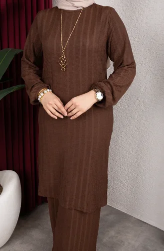 طقم تونيك وبنطال مخطط (للحجاب) 0915-01 بني 0915-01