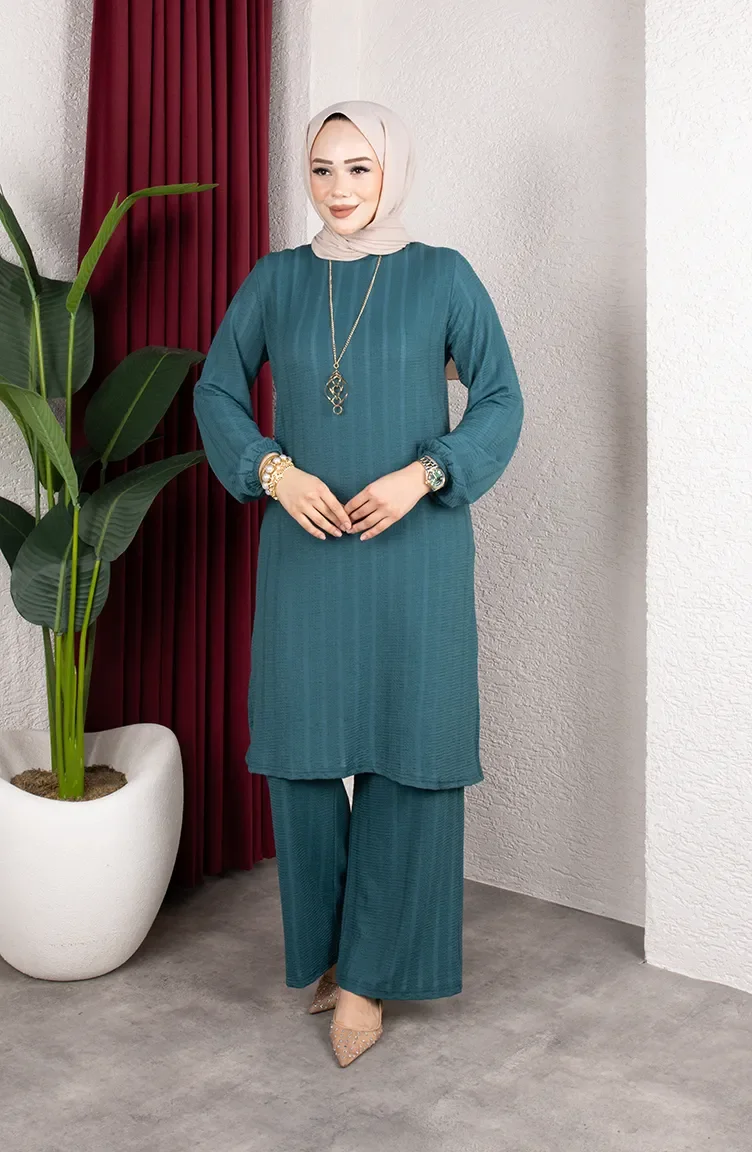 Ensemble Tunique Et Pantalon Rayé Pour Hijab En Crêpe 0915-03 Pétrole 0915-03