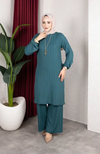 Ensemble Tunique Et Pantalon Rayé Pour Hijab En Crêpe 0915-03 Pétrole 0915-03