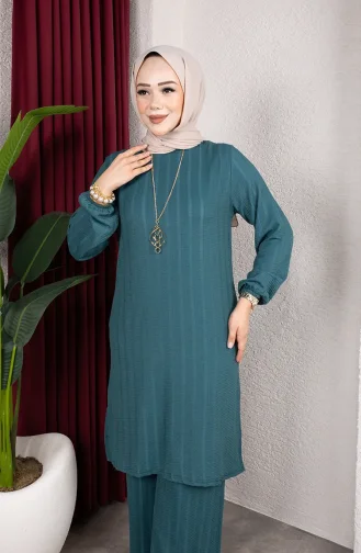 Ensemble Tunique Et Pantalon Rayé Pour Hijab En Crêpe 0915-03 Pétrole 0915-03