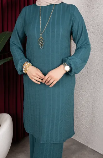 Ensemble Tunique Et Pantalon Rayé Pour Hijab En Crêpe 0915-03 Pétrole 0915-03