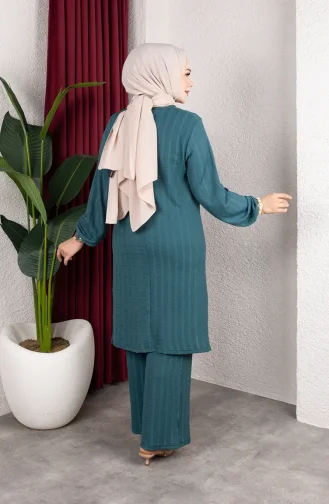 Ensemble Tunique Et Pantalon Rayé Pour Hijab En Crêpe 0915-03 Pétrole 0915-03
