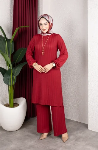 Ensemble Tunique Et Pantalon Rayé Pour Hijab En Crêpe 0915-05 Bordeaux 0915-05