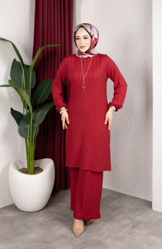 Ensemble Tunique Et Pantalon Rayé Pour Hijab En Crêpe 0915-05 Bordeaux 0915-05