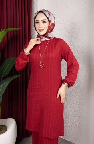 Ensemble Tunique Et Pantalon Rayé Pour Hijab En Crêpe 0915-05 Bordeaux 0915-05