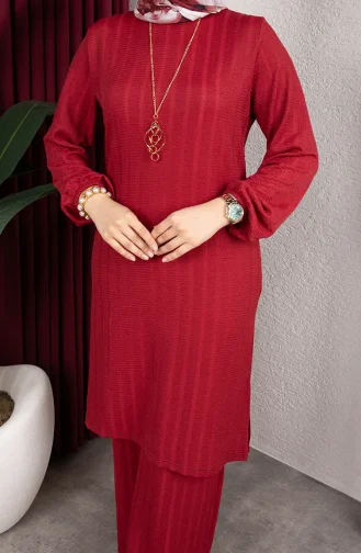 Ensemble Tunique Et Pantalon Rayé Pour Hijab En Crêpe 0915-05 Bordeaux 0915-05