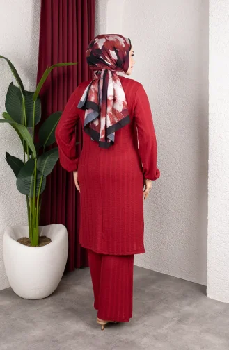 Ensemble Tunique Et Pantalon Rayé Pour Hijab En Crêpe 0915-05 Bordeaux 0915-05