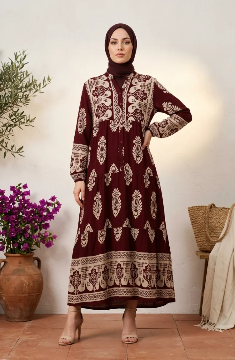 فستان حجاب من الفسكوز بنقوش وأزرار، رقم الموديل 5593-01، لون عنابي 5593-01