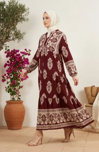 فستان حجاب من الفسكوز بنقوش وأزرار، رقم الموديل 5593-01، لون عنابي 5593-01