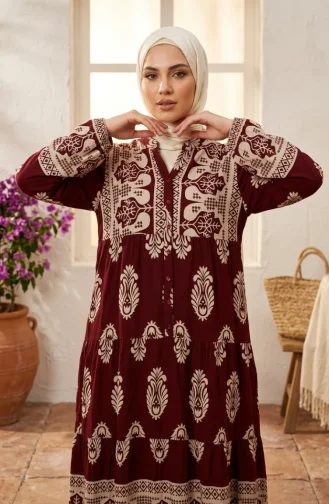 فستان حجاب من الفسكوز بنقوش وأزرار، رقم الموديل 5593-01، لون عنابي 5593-01