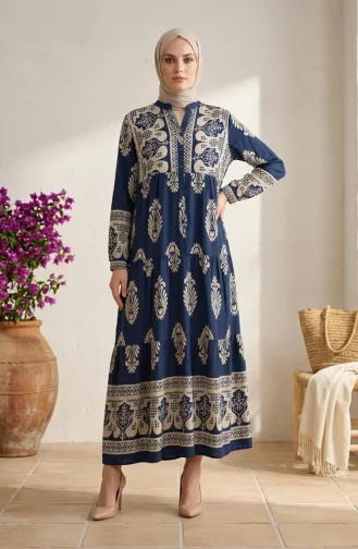 Robe Hijab Boutonnée En Viscose à Motifs 5593-02 Indigo 5593-02