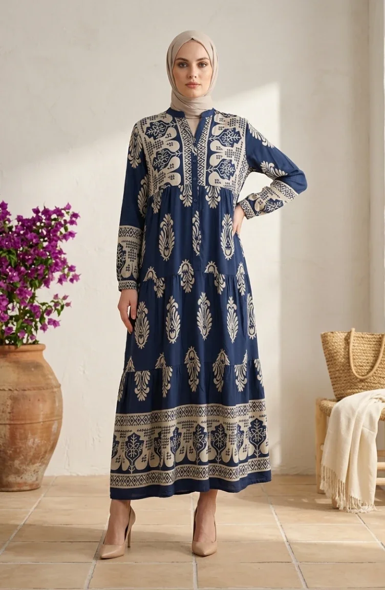 Robe Hijab Boutonnée En Viscose à Motifs 5593-02 Indigo 5593-02