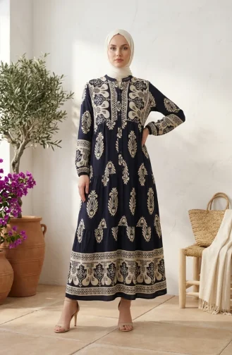 Patterned Viscose Buttoned Hijab Dress 5593-03 Navy Blue 5593-03