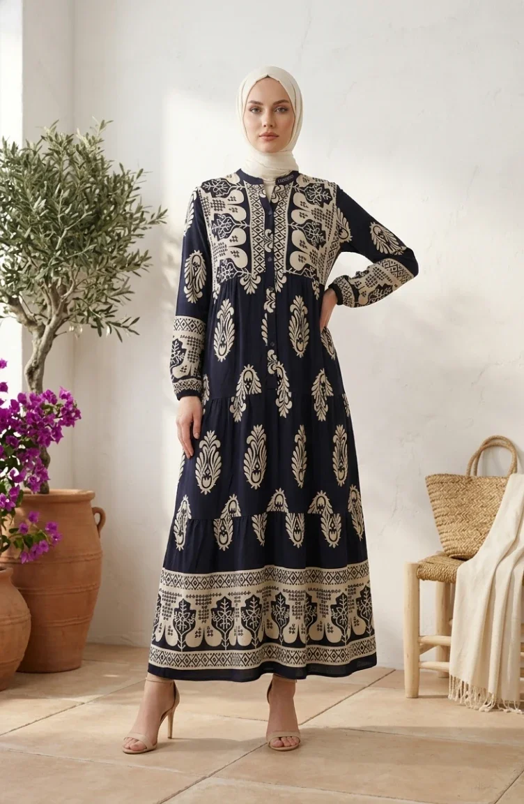 Patterned Viscose Buttoned Hijab Dress 5593-03 Navy Blue 5593-03