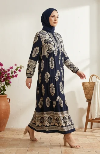 Patterned Viscose Buttoned Hijab Dress 5593-03 Navy Blue 5593-03