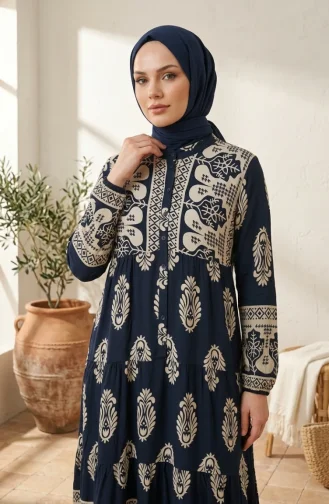 Patterned Viscose Buttoned Hijab Dress 5593-03 Navy Blue 5593-03