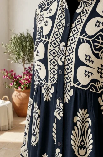 Patterned Viscose Buttoned Hijab Dress 5593-03 Navy Blue 5593-03