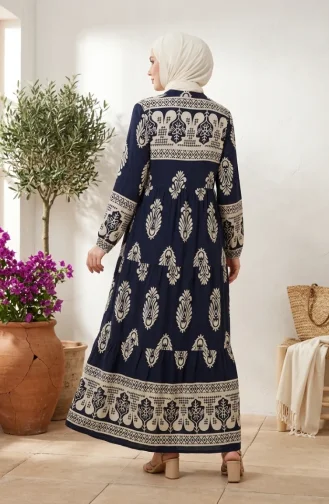 Patterned Viscose Buttoned Hijab Dress 5593-03 Navy Blue 5593-03