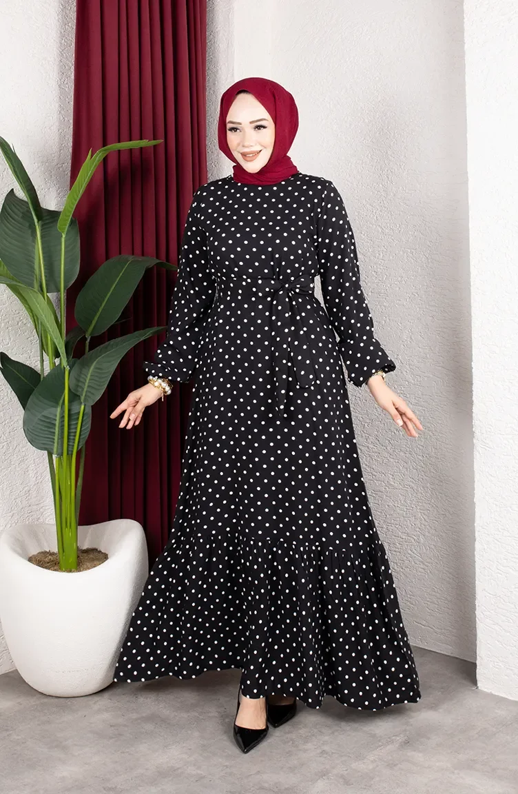Viskose-Kleid Mit Gürtel Und Polka-Dots Hijab-Kleid 0901-01 Schwarz 0901-01