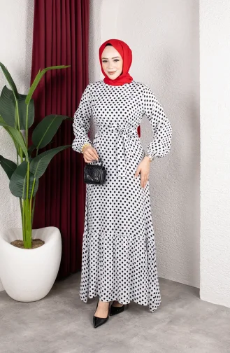 Viskose-Kleid Mit Gürtel Und Polka-Dots Hijab-Stil Modell 0901-03 Ecru 0901-03