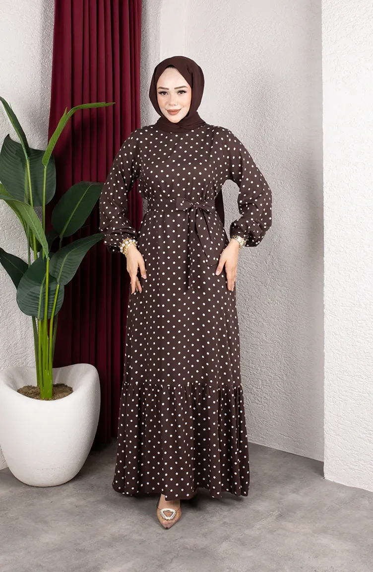 Robe Hijab Ceinturée En Viscose à Pois 0901-04 Marron 0901-04