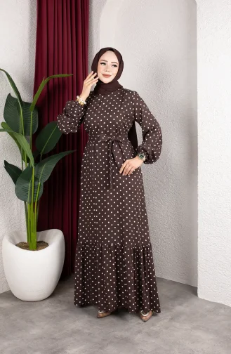 Robe Hijab Ceinturée En Viscose à Pois 0901-04 Marron 0901-04