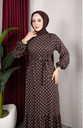 Robe Hijab Ceinturée En Viscose à Pois 0901-04 Marron 0901-04
