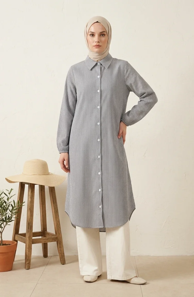 Lange Gestreepte Tuniekblouse Met Knoopsluiting 0359-04 Marineblauw 0359-04