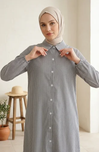 Lange Gestreepte Tuniekblouse Met Knoopsluiting 0359-04 Marineblauw 0359-04