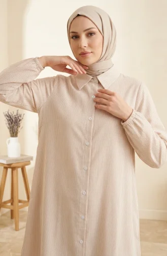 Gestreiftes Langes Tunikahemd Mit Knopfleiste Modell 0359-05 Beige 0359-05