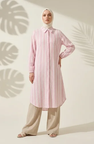 Shirt Collar Button-Down Striped Long Tunic 0360-01 Pink 0360-01