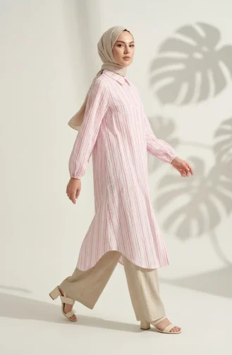 Shirt Collar Button-Down Striped Long Tunic 0360-01 Pink 0360-01