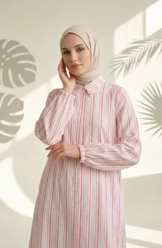 Shirt Collar Button-Down Striped Long Tunic 0360-01 Pink 0360-01