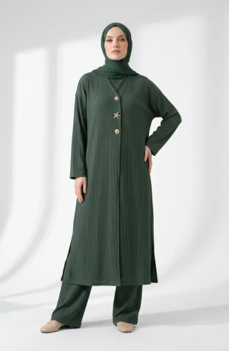 Ensemble Hijab Deux Pièces à Boutons à Motifs 2304-02 Kaki 2304-02