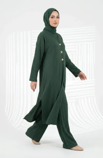 Ensemble Hijab Deux Pièces à Boutons à Motifs 2304-02 Kaki 2304-02