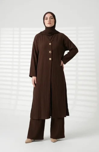 Zweiteiliges Hijab-Set Mit Gemusterten Knöpfen 2304-03 Braun 2304-03