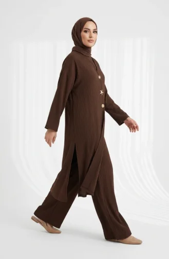 Zweiteiliges Hijab-Set Mit Gemusterten Knöpfen 2304-03 Braun 2304-03