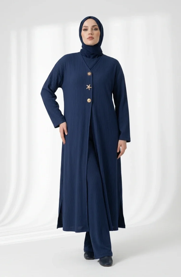 Ensemble Hijab Deux Pièces à Boutons à Motifs 2304-04 Indigo 2304-04