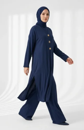 Ensemble Hijab Deux Pièces à Boutons à Motifs 2304-04 Indigo 2304-04