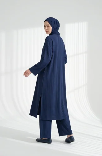 Ensemble Hijab Deux Pièces à Boutons à Motifs 2304-04 Indigo 2304-04