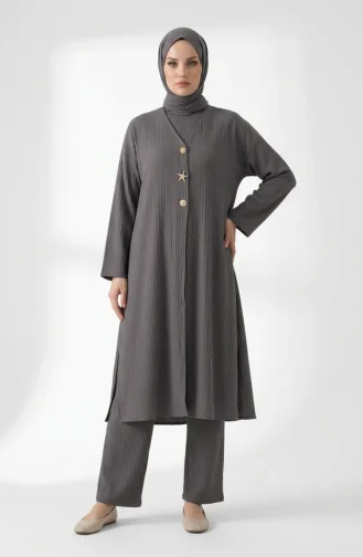 Patterned Button Detail Hijab Two-Piece Set 2304-05 Dark Gray 2304-05