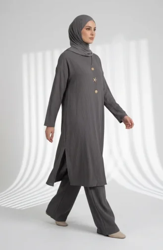 Patterned Button Detail Hijab Two-Piece Set 2304-05 Dark Gray 2304-05