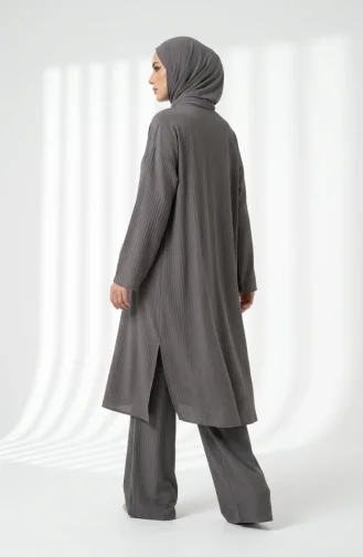 Patterned Button Detail Hijab Two-Piece Set 2304-05 Dark Gray 2304-05