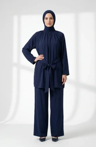 Mandarin Collar Gathered Tunic And Pants Two-Piece Hijab Set 2305-04 Navy Blue 2305-04