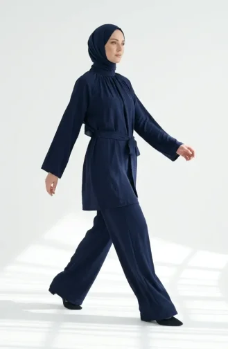 Mandarin Collar Gathered Tunic And Pants Two-Piece Hijab Set 2305-04 Navy Blue 2305-04