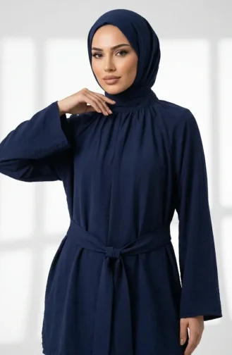 Mandarin Collar Gathered Tunic And Pants Two-Piece Hijab Set 2305-04 Navy Blue 2305-04