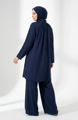 Mandarin Collar Gathered Tunic And Pants Two-Piece Hijab Set 2305-04 Navy Blue 2305-04