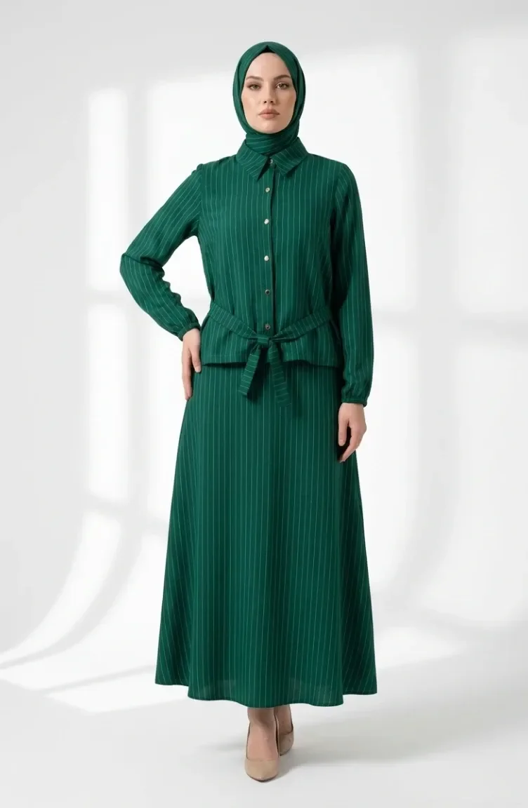 Ensemble Deux Pièces Jupe Rayée En Lin Et Hijab 0361-01 Vert émeraude 0361-01